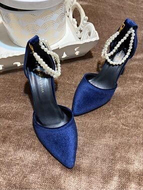 Eleanor Louise Callidora Navy Velvet High Heels with Pearls, Size 7